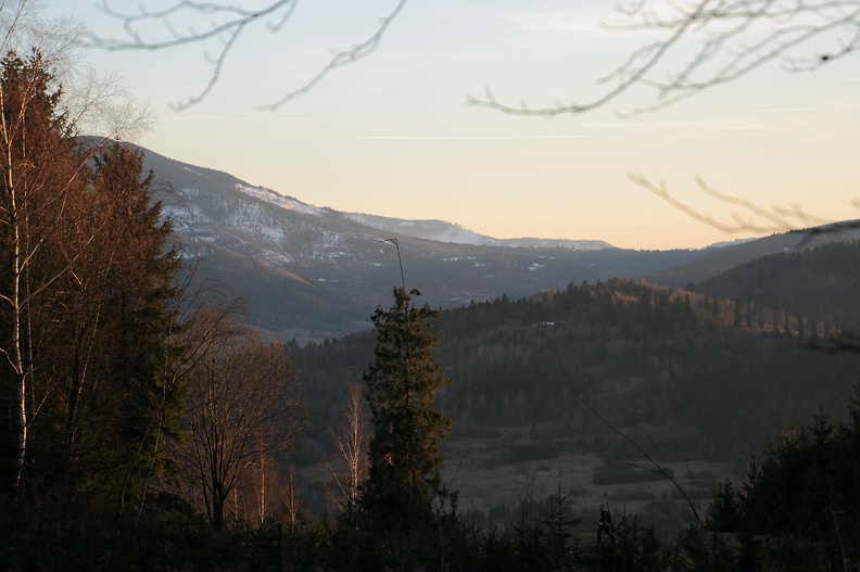 135-IMG 6289 -- Widok z Janikowej Grapy na południowy zachód. Zalesione zbocze z przodu należy do innej Grapy – wschodniego odgałęzienia grupy Jastrzębicy. W tyle łagodnym łukiem do Suchego Gronia obniża się północno-zachodnie ramię Romanki. Jeszcze bardziej od nas oddalona biaława krawędź znajduje się za doliną Żabnicy – tak stąd wygląda Redykalny Wierch ze swym przedwierzchołkiem