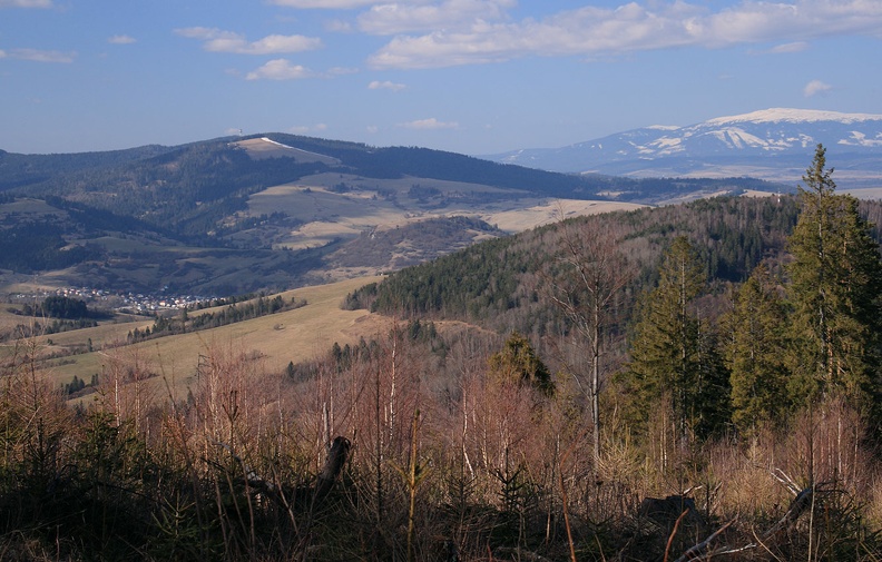 041-IMG 6410 -- Białawe domki należą do Podbiela. Wyżej rozległe polany podnoszą się do Javorového vrchu,
zza którego wystaje nadajnik na szczycie Magurky. Po prawej stronie bieleje Babia Góra