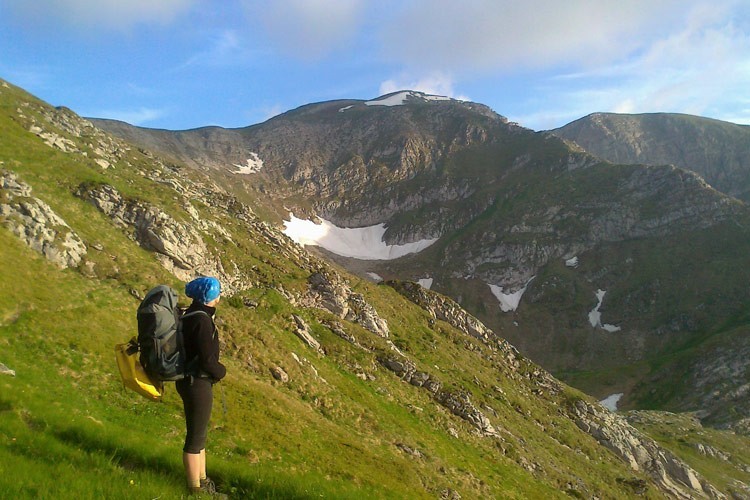 06-Zdjecie0464 -- Zwrócona ku Dolinie Litworowej Honka kontempluje krajobraz.
W centrum Krzesanica, na ostatnim planie Ciemniak
[Fot. z telefonu]