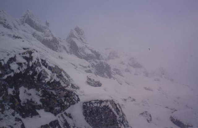 35-slajd 017 -- Było popołudnie, nie zdecydowaliśmy jeszcze gdzie dokładnie i jak daleko będziemy iść. I właśnie na Zadnim Ornaku zaczęły się dziać dziwne rzeczy: momentami mieliśmy wrażenie, jakby zza mgły COŚ przezierało. Jakaś inna barwa, coś jaśniejszego i żywszego.
Coś, co być może nie było kolejną warstwą chmur. Nie wiedziałem, czy tak jest rzeczywiście, czy tylko staram się
przekonać do tego sam siebie