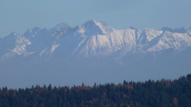 13-P1230965 -- Zbliżenie na Tatry Wysokie – od lewej: Kołowy Szczyt, ciemniejszy Kieżmarski, wyraźnie wyższa Łomnica,
niepozorny Lodowy Zwornik, wreszcie charakterystyczny, okazały trapez Lodowego Szczytu i Lodowej Kopy;
plan bliżej zaśnieżone zbocza Koszystej (zza której nieznacznie wystaje Mały Lodowy) oraz Żółta Turnia