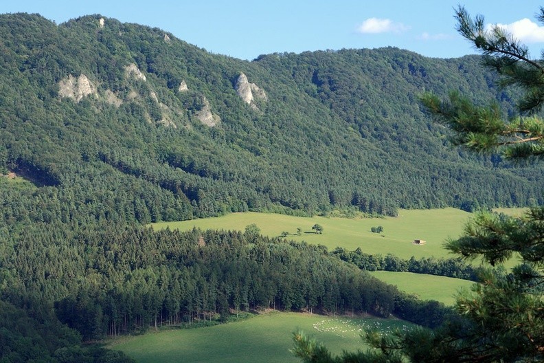 51-IMG 6958 -- W dole, po drugiej stronie kotliny: "Piramida widzenia". Modyfikuje percepcję, nie szpeci otoczenia i jednocześnie
– co stanowi część zamysłu autora – daje turystom schronienie w razie załamania pogody. Niżej: stado owieczek