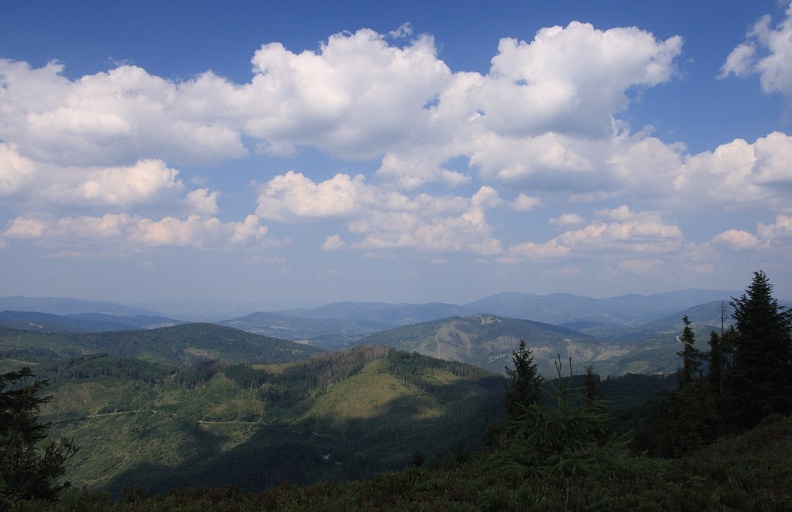 017-IMG 4075 -- Spojrzenie na północ: w oddali, z lewej strony czeski Beskid Śląsko-Morawski opada do doliny Olzy.
Z prawej dźwiga się nasz Beskid Śląski