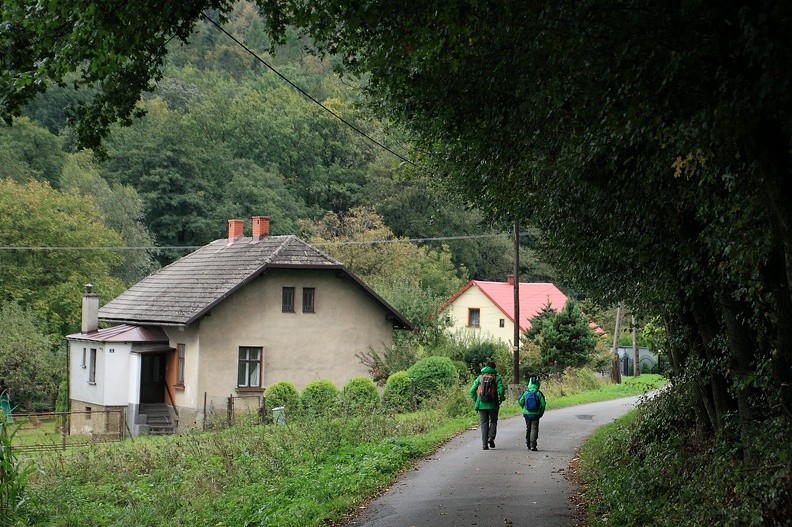 22-IMG 4838-B -- Poczuliśmy się trochę nieswojo na widok tablicy ostrzegającej, że wkraczamy do "strefy zapowietrzonej". Jak doczytamy później,
w sierpniu w Ustroniu wykryto ognisko zgnilca amerykańskiego – zaraźliwej choroby, która atakuje pszczoły. Jednak nie zawróciliśmy, poszliśmy dalej; po dotarciu do drogi jezdnej skierowaliśmy się w prawo. Było warto: trafiamy prosto do Raju. To maleńkie, przycupnięte
w dolince pod lasem osiedle Cisownicy (na zdjęciu) w pełni zasługuje na swoją nazwę. Gdyby kazano nam wybierać między Belwederem
i Rajem, nie wahalibyśmy się ani chwili